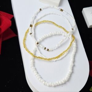 White Glass Bead Anklet Stack Set 4pcs Stretchy Ankle Bracelet